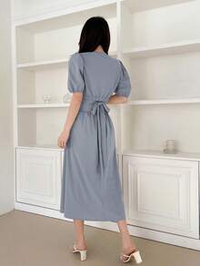 DAZY Puff Sleeve Tie Back Crop Blouse & Skirt - Blue - View 2