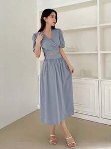 DAZY Puff Sleeve Tie Back Crop Blouse & Skirt - Blue - View 3