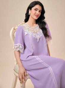 SHEIN Unity Guipure Lace Insert Nightdress - Lilac Purple - View 4