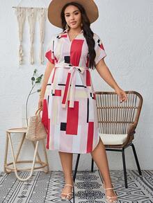 SHEIN Clasi 大碼幾何印花蝙蝠袖繫腰帶連衣裙 - 粉色 - 查看 3