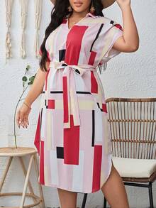 SHEIN Clasi 大碼幾何印花蝙蝠袖繫腰帶連衣裙 - 粉色 - 查看 5