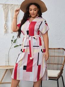 SHEIN Clasi 大碼幾何印花蝙蝠袖繫腰帶連衣裙 - 粉色 - 查看 6