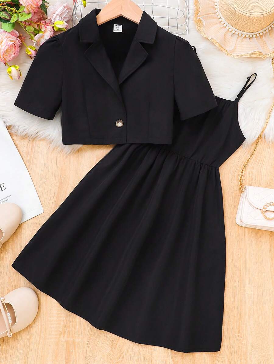 SHEIN 女孩吊帶洋裝和西裝領泡泡袖襯衫 - 黑色 - 查看 1