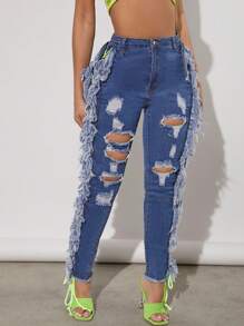 High Waist Ripped Fringe Trim Lace Up Jeans - Dark Wash - View 4
