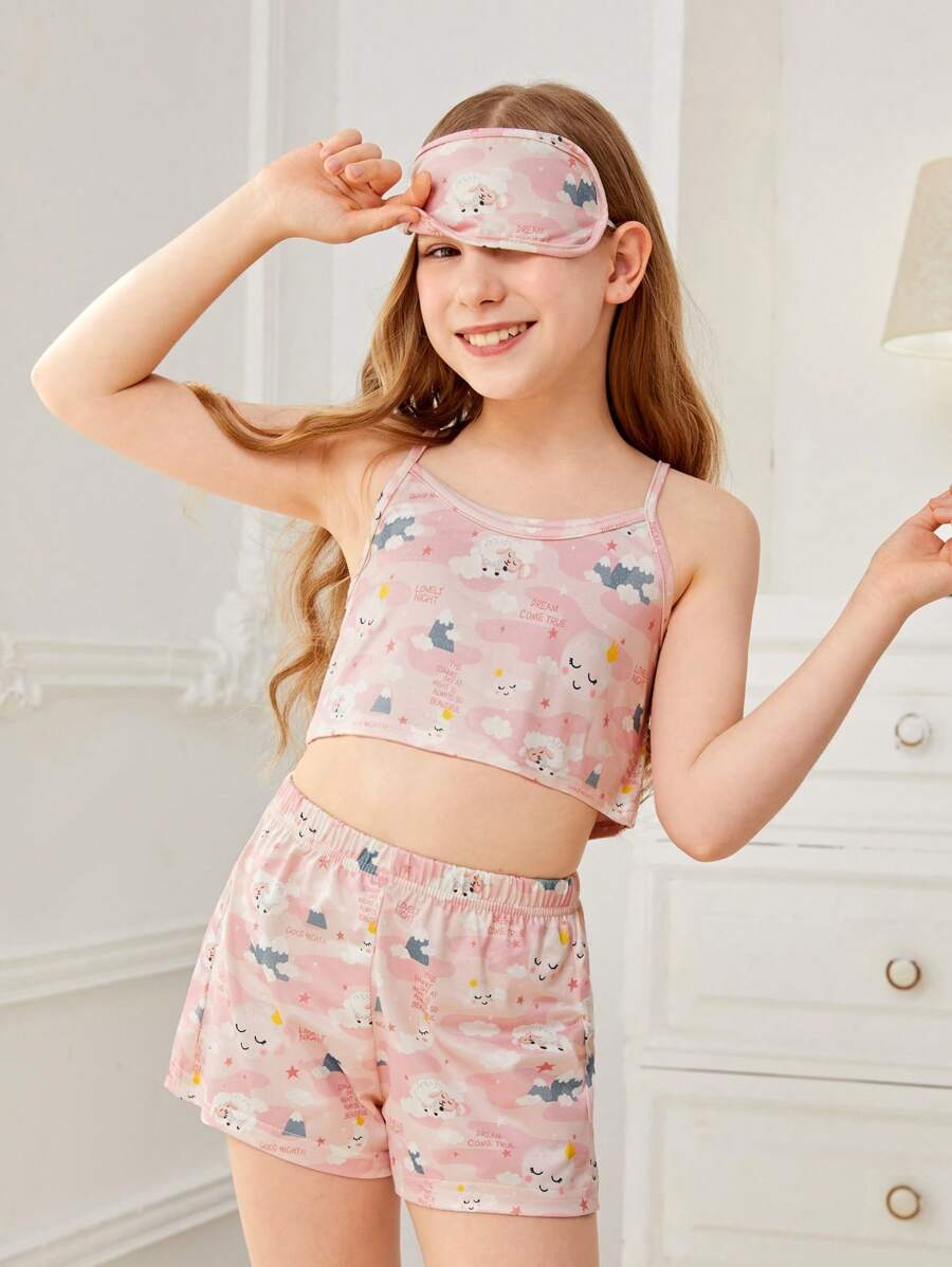 Girls Cartoon Graphic Cami Top & Shorts PJ Set With Eye Cover - Pink - View 1