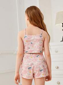 Girls Cartoon Graphic Cami Top & Shorts PJ Set With Eye Cover - Pink - View 2