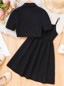 SHEIN 女孩吊帶洋裝和西裝領泡泡袖襯衫 - 黑色 - 查看 2