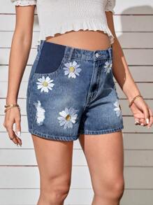 SHEIN Maternity Floral Print Denim Shorts - Medium Wash - View 5