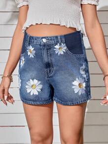 SHEIN Maternity Floral Print Denim Shorts - Medium Wash - View 4