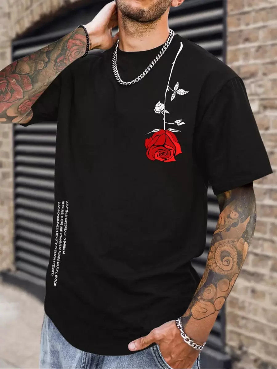 Manfinity Homme Men Floral & Slogan Graphic Tee, Rose Shirt, 2000s Style - Black - View 1