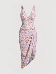 SHEIN MOD 满版花卉印花褶饰开衩连衣裙 - 彩色 - 查看 1