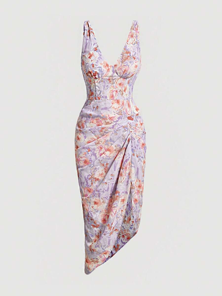 SHEIN MOD 满版花卉印花褶饰开衩连衣裙 - 彩色 - 查看 1