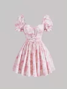 SHEIN MOD Đầm viền lá sen Ren lên Dây kéo Hoa Tất cả trên in Boho - Nhiều màu - Xem 1