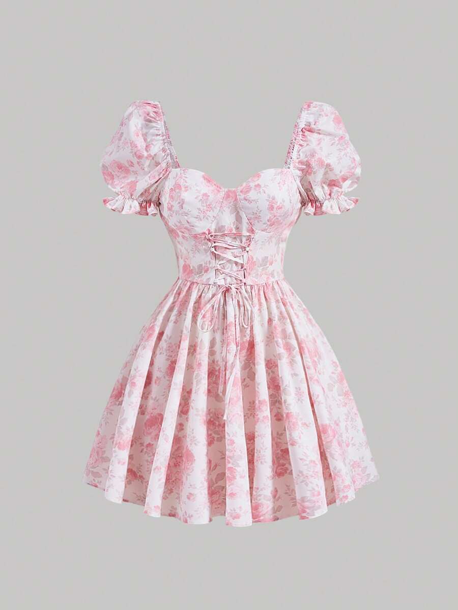 SHEIN MOD Đầm viền lá sen Ren lên Dây kéo Hoa Tất cả trên in Boho - Nhiều màu - Xem 1