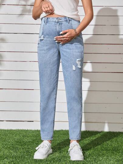 SHEIN Maternity High Waist Ripped Jeans Mom Jeans