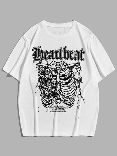 Goth Guys Letter & Skeleton Print Tee