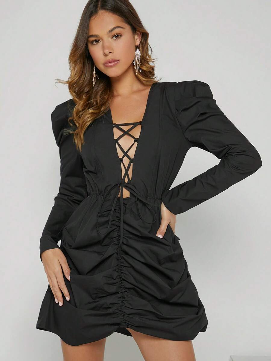 Hauture Crisscross Tie Puff Sleeve Dress - Black - View 1