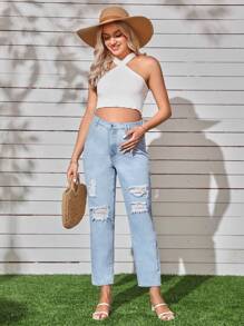 SHEIN Maternidad Jeans ajustados mom desgarro - Azul lavado medio - Ver 1