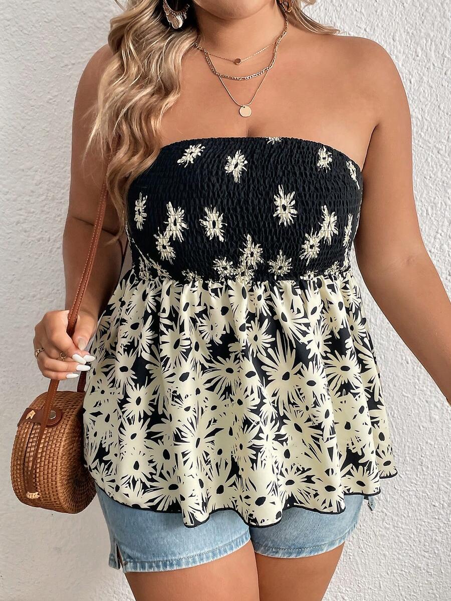 SHEIN LUNE Plus Floral Print Peplum Tube Top - Multicolor - View 1