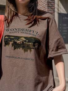 DAZY Letter And Mountain Print Oversized Tee - Mocha Brown - View 5