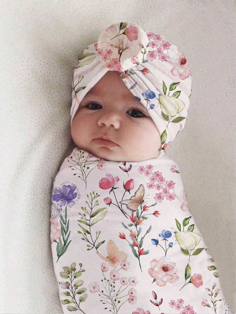 SHEIN 嬰兒女孩新生兒攝影花印紗布包裹毯&帽子 - 彩色 - 查看 1