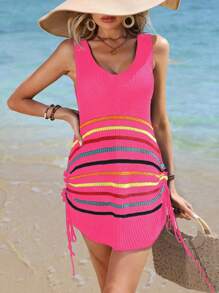 SHEIN Swim Vestido cover up de rayas con cordón lateral sin fondo de bikini - Rosa Fucsia - Ver 3