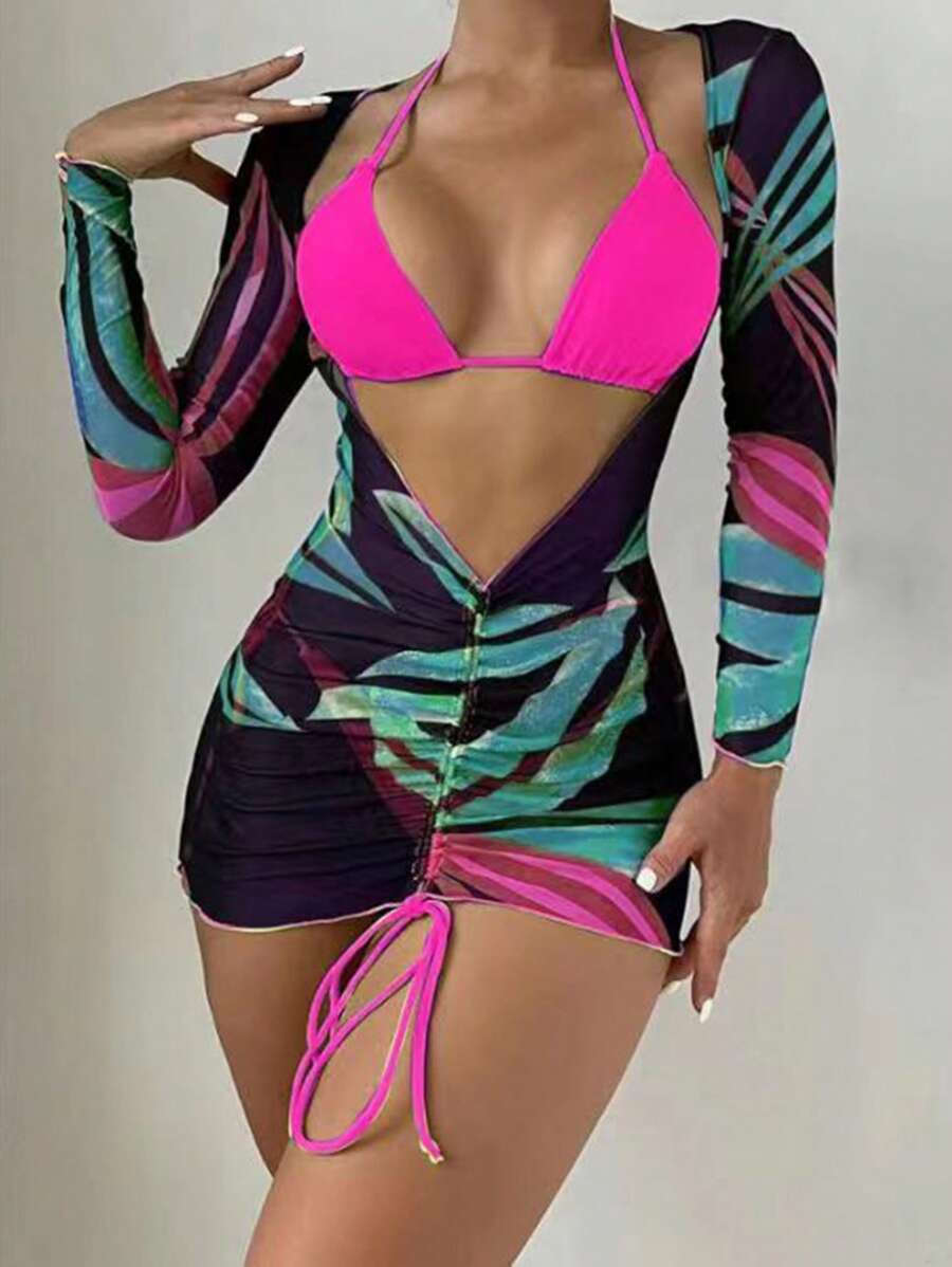 SHEIN Swim Halter Triangle Bikini Set With Tropical Print Cover Up For Summer Beach Vacation - Multicolor - View 1