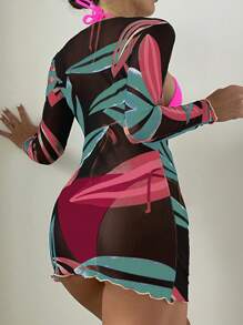 SHEIN Swim Halter Triangle Bikini Set With Tropical Print Cover Up For Summer Beach Vacation - Multicolor - View 2