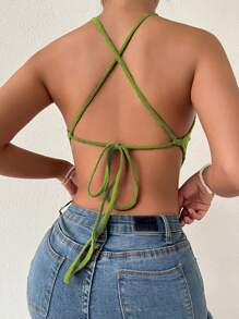SHEIN Privé Criss Cross Tie Backless Crop Halter Top - Green - View 1