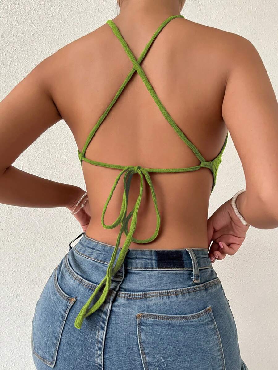 SHEIN Privé Criss Cross Tie Backless Crop Halter Top - Green - View 1