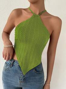 SHEIN Privé Criss Cross Tie Backless Crop Halter Top - Green - View 3