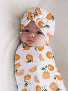 嬰兒攝影橙子圖案毯子和帽道具 - 白色 - 查看 1