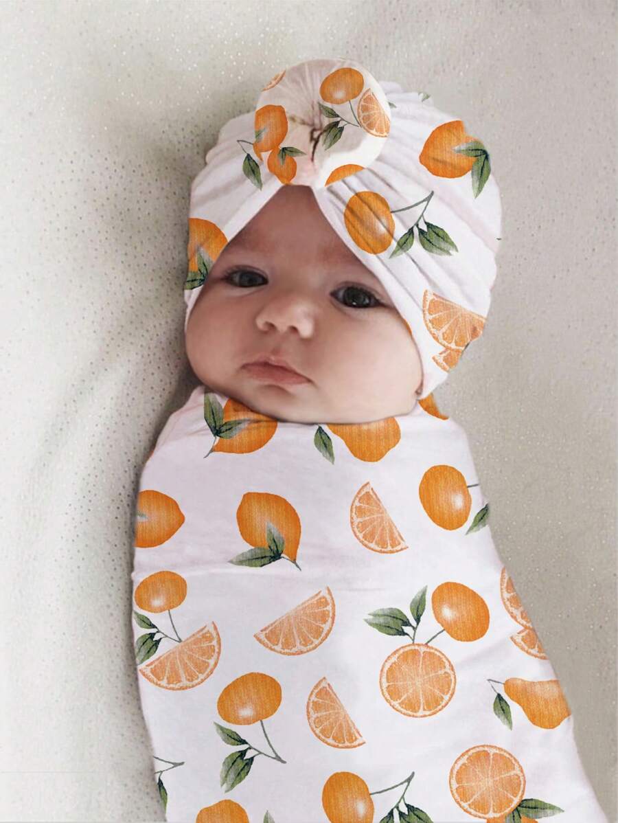 嬰兒攝影橙子圖案毯子和帽道具 - 白色 - 查看 1