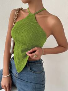 SHEIN Privé Criss Cross Tie Backless Crop Halter Top - Green - View 4