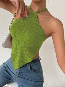 SHEIN Privé Criss Cross Tie Backless Crop Halter Top - Green - View 5