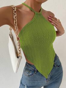 SHEIN Privé Criss Cross Tie Backless Crop Halter Top - Green - View 6