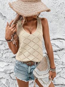 SHEIN LUNE Solid Pointelle Knit Sweater Vest - Apricot - View 6