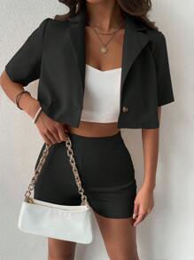 SHEIN ChicEase 素色西裝領單釦短版西裝和短褲 - 黑色 - 查看 3