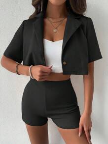 SHEIN ChicEase 素色西裝領單釦短版西裝和短褲 - 黑色 - 查看 4
