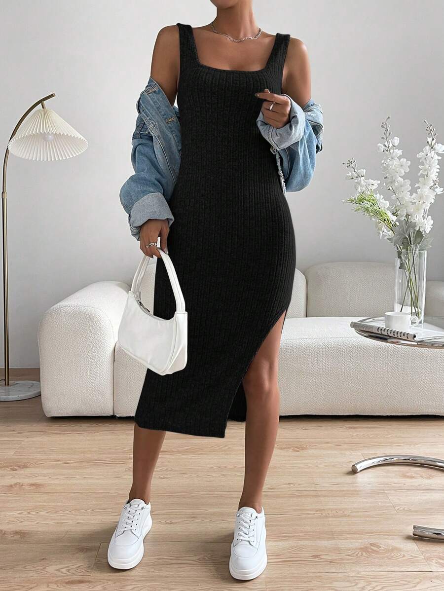 SHEIN EZwear 素色高衩背心洋裝 - 黑色 - 查看 1
