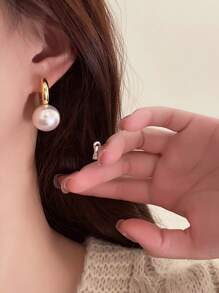 1 對女士時尚人造珍珠裝飾圈形耳環耳環 - 金色 - 查看 3