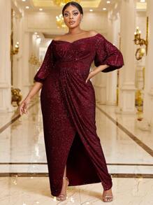 YISIKADO Plus Off Shoulder Lantern Sleeve Wrap Sequin Dress - Burgundy - View 4