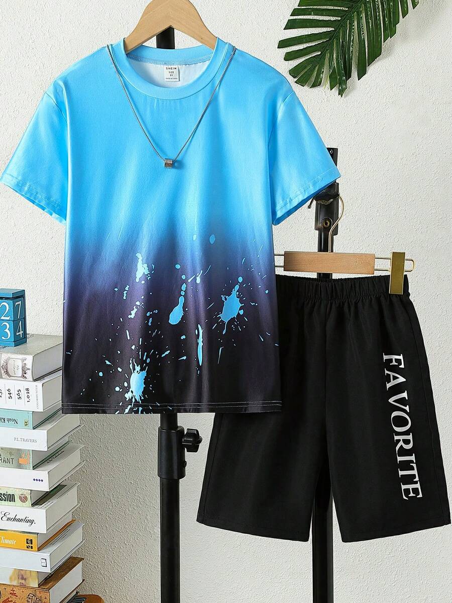 Boys Ombre Tee & Letter Graphic Shorts - Multicolor - View 1
