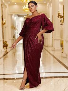 YISIKADO Plus Off Shoulder Lantern Sleeve Wrap Sequin Dress - Burgundy - View 5