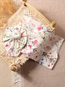 SHEIN 嬰兒女孩新生兒攝影花印紗布包裹毯&帽子 - 彩色 - 查看 8
