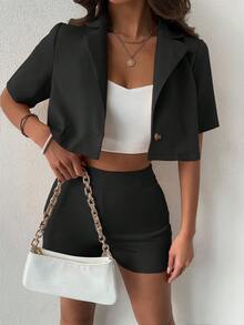 SHEIN ChicEase 素色西裝領單釦短版西裝和短褲 - 黑色 - 查看 6