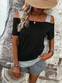 SHEIN LUNE Colourblock Cold Shoulder Tee - Light Grey - View 1