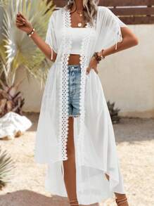 Swim Vcay 拼接水溶蕾絲腰部抽繩和服罩衫 - 白色 - 查看 3