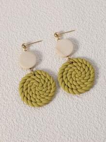 1pair Boho Braided Detail Round Drop Earrings For Women For Vacation - Mustard Yellow - View 5