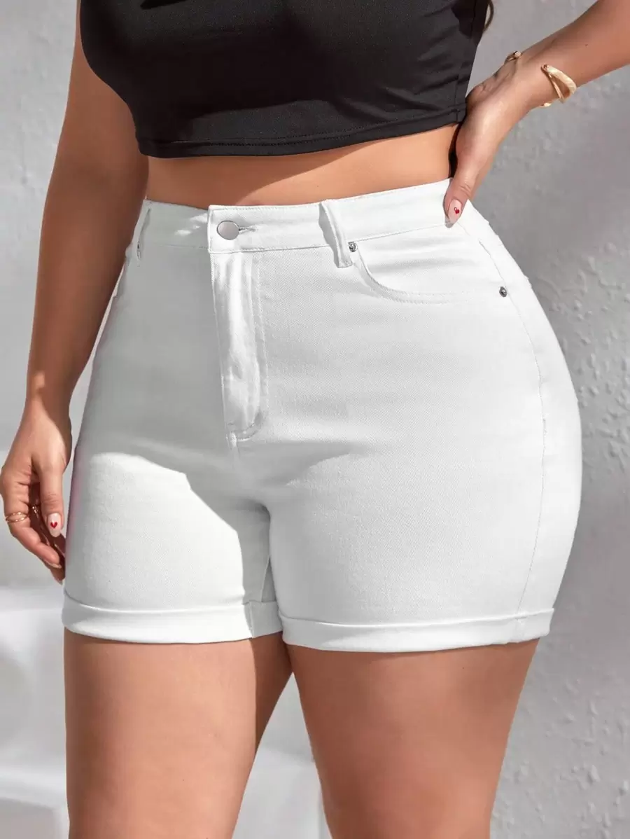 EMERY ROSE Plus Size High Waist Denim Shorts Autumn Outfits For Women Festival Outfits Casual Vacation Outfits Woman Boho Women's Clothing - White - View 1